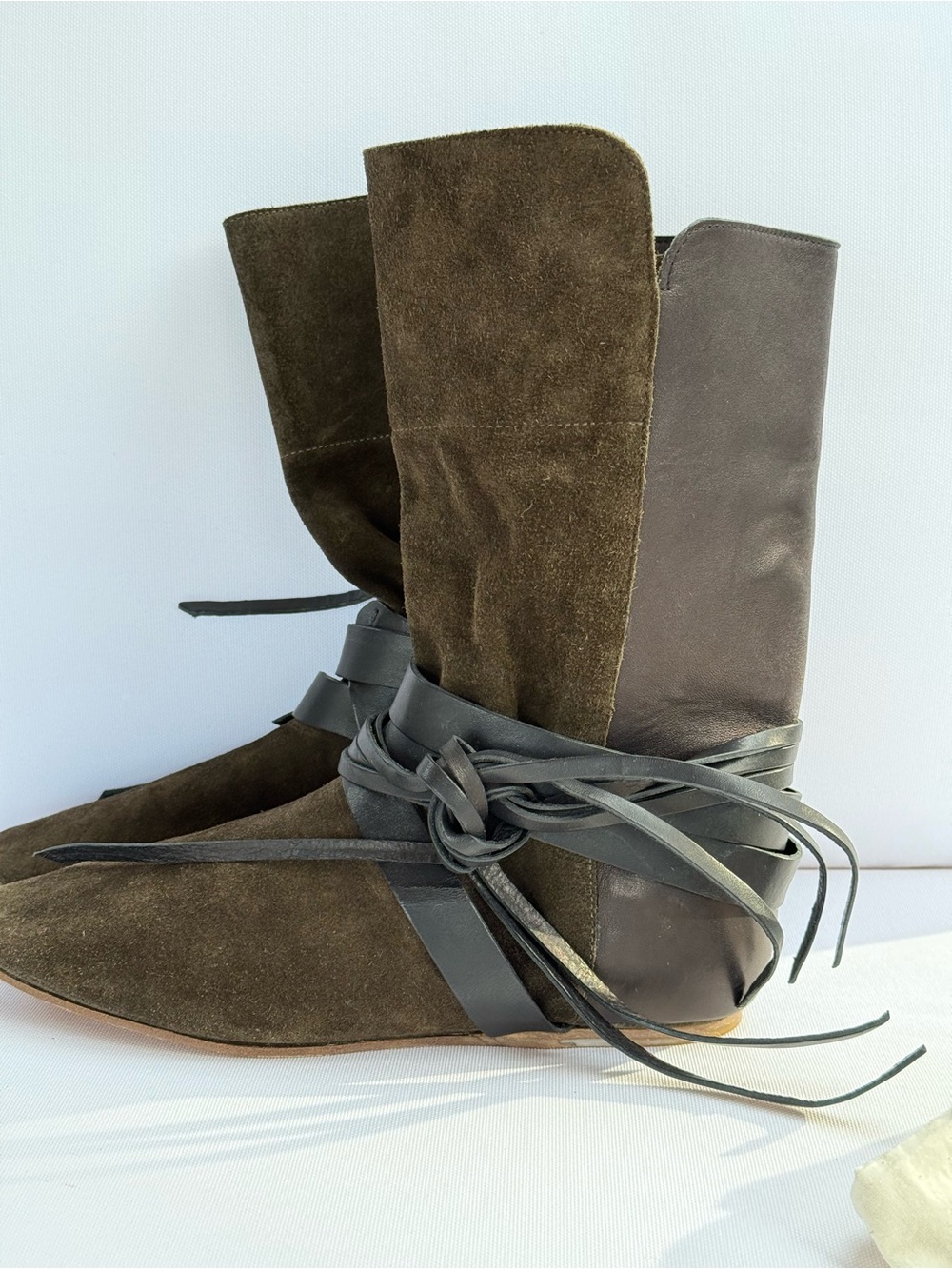 Isabel Marant Olive Suede and Leather Mid-Calf Boots with Wrap Laces